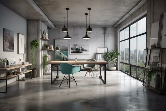 Contemporary double story concrete shared workspace, white placeholder poster, cityscape panorama, furnishings & devices. 3D visual. Generative AI