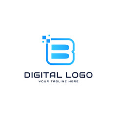 Vector tech letter b logo blue gradient geometric shape with square pixel dots technology logos