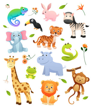 Set of wildlife animals cartoon character with decorative natural elements . Vector .