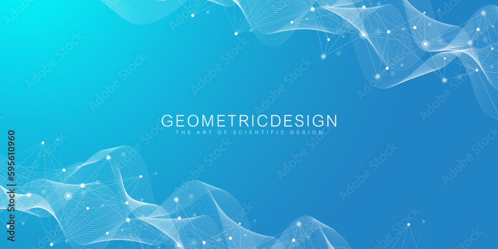 Poster Digits abstract background with connected line and dots, wave flow. Digital neural networks. Network and connection background for your presentation. Graphic polygonal background. Vector illustration.