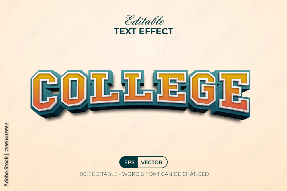 Wall mural college text effect 3d curved style. editable text effect.