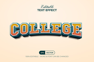 College text effect 3d curved style. Editable text effect.