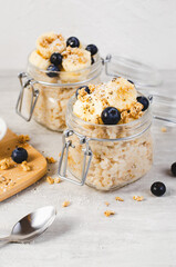 Overnight Oats, Oatmeal with Banana and Fresh Blueberry, Healthy Breakfast or Snack