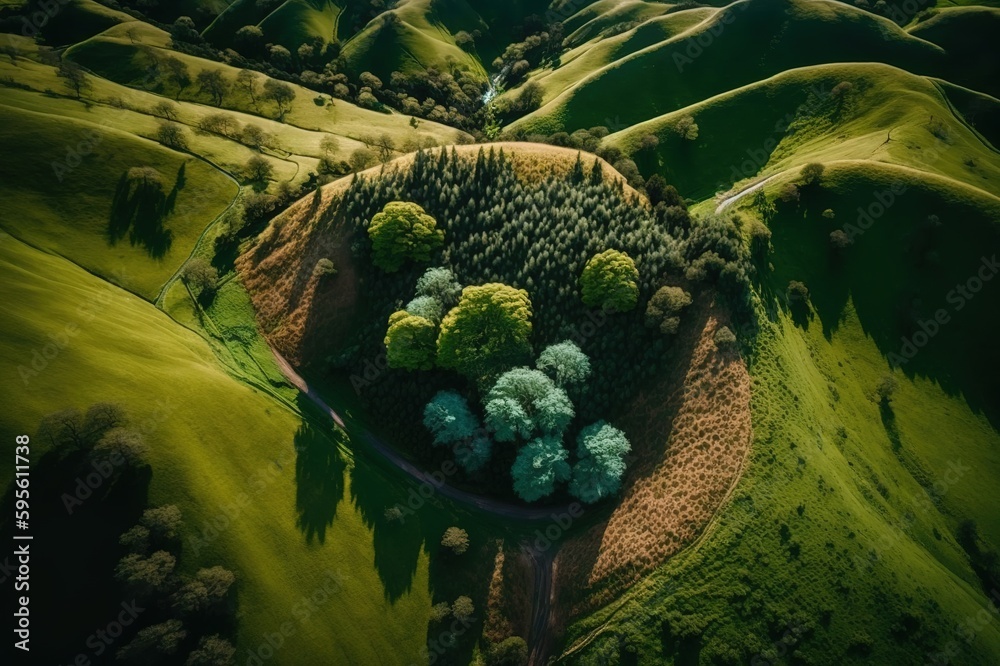 Poster Drone footage shows scenic mountains and forests. Generative AI