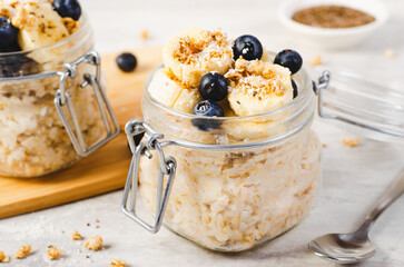 Overnight Oats, Oatmeal with Banana and Fresh Blueberry, Healthy Breakfast or Snack