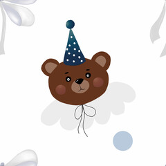 seamless pattern with repeating encounters of a bear in a festive hat with a white bow. cute stylish children's decoration for textiles and printing. high quality photo