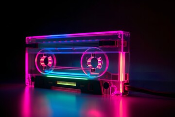 Neon Audio Cassette: Retro Music Vibe in a Modern Digital World, neon audio cassette, retro, vintage, music, technology, analog, recording, tape, player, sound, stereo,