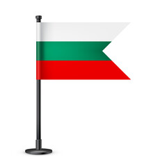 Bulgarian table flag on a black steel pole. Souvenir from Bulgaria. Desk flag made of paper or fabric and shiny metal stand. Mockup for promotion and advertising. Vector illustration