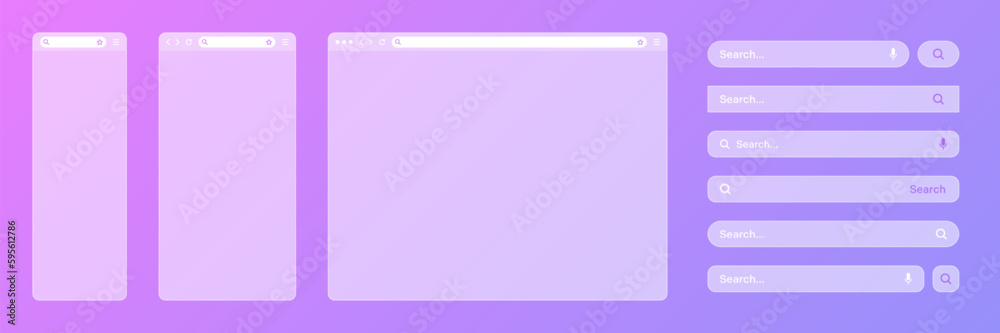 Poster blank transparent internet browser window with various search bar templates. web site engine with se