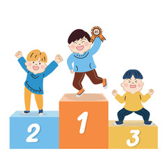 Happy cute kids standing on competition winner podium.Cartoon hand drawn character vector isolated on white background.