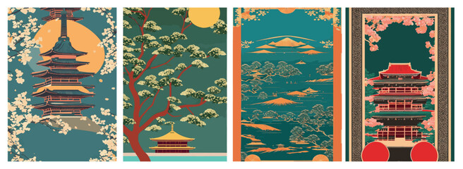 A set of vector backgrounds for text that capture the beauty of Asia in all seasons. From the iconic Mt. Fuji to the sunny fruits of Japan, Korea, and China, these backgrounds feature a mix of classic
