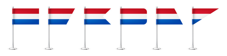 Realistic various Dutch table flags on a chrome steel pole. Souvenir from Netherlands. Desk flag made of paper or fabric, shiny metal stand. Mockup for promotion and advertising. Vector illustration