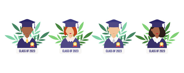 Graduation day. Set of student with medal. Lettering class of 2023. Flat style male and female. Vector illustration.