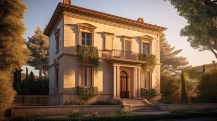 Fototapeta premium Italianate house exterior house design in daytime golden hour generative ai
