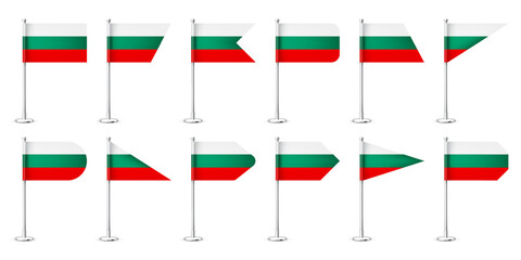 Bulgarian table flags on a chrome steel pole. Souvenir from Bulgaria. Desk flag made of paper or fabric, shiny metal stand. Mockup for promotion and advertising. Vector illustration