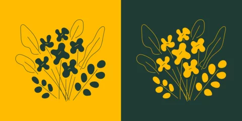 Fototapeten Modern abstract greeting card design with a flower bouquet. Trendy organic floral vector illustration in mustard yellow and deep green colors © Liia Lonn