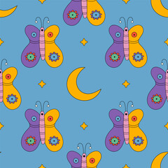 Trendy colorful retro seamless pattern with fantasy butterflies, crescent moon, stars. Abstract groovy vector illustration repeatable background wallpaper