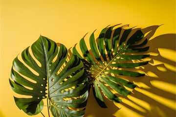 A yellow background with a tropical plant and a leaf concept AI