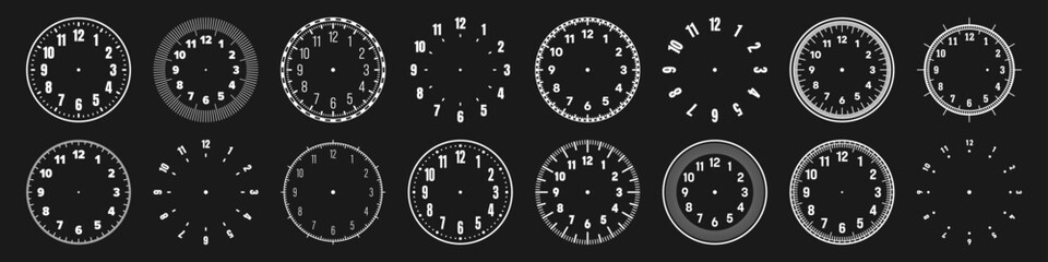 Mechanical clock faces with arabic numerals, bezel. White watch dial with minute, hour marks and numbers. Timer or stopwatch element. Blank measuring circle scale with divisions. Vector illustration