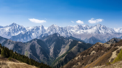 A panoramic view of a mountain range with snow-capped peaks, AI Generated Image