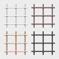 Various shiny metal prison bars collection. Realistic detailed jail cage, prison iron fence. Criminal background mockup. Vector illustration