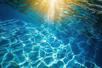 Fototapeta na wymiar Blue water surface with bright sun (Ai generated)