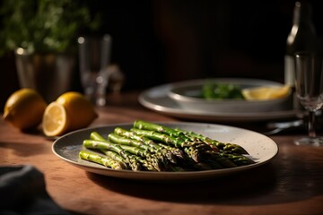 Asparagus plate in restaurant table, healthy vegetable (Ai generated)