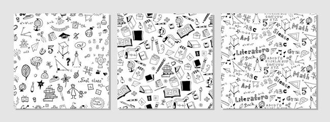 Back to school seamless vector pattern. Good for textile fabric design, wrapping paper and website wallpapers. Vector illustration. Background doodle school equipment. 