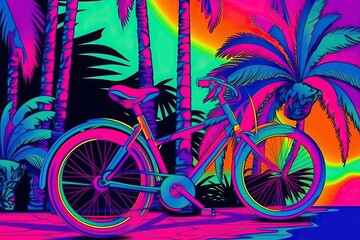 Bicycle painting pop art collage style in neon bold color (Ai generated)