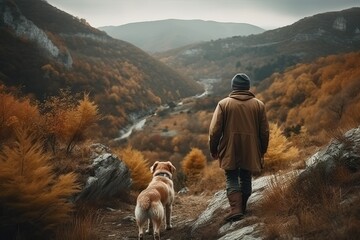 Man hiking with dog, mountain travel (Ai generated)