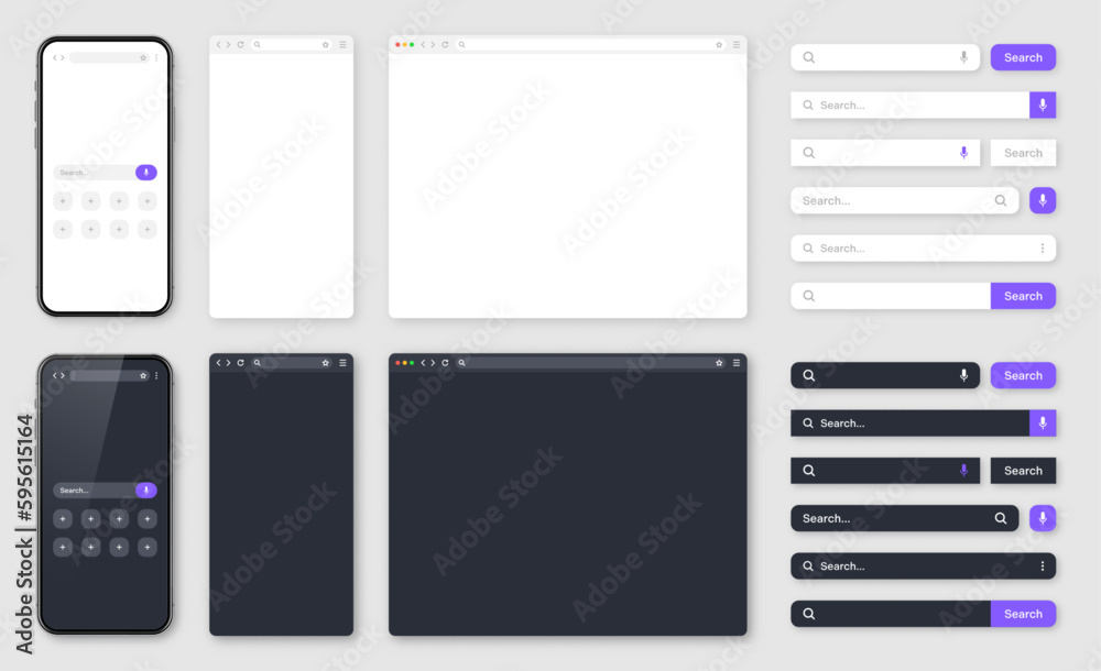 Poster smartphone, blank internet browser window with various search bars. web site engine with search box,