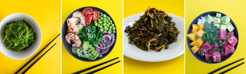 Collage. Asian food on the yellow background. Close-up.