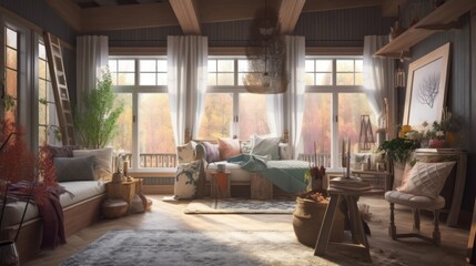 Fototapeta premium Cottagecore interior design room with beautiful lightning generative ai