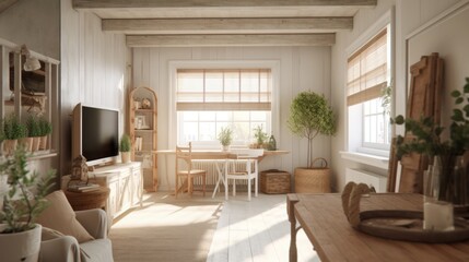 Naklejka na ściany i meble Cottagecore interior design room with beautiful lightning generative ai