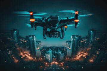 AI generated autonomous drone driverless aerial vehicle flying on city background