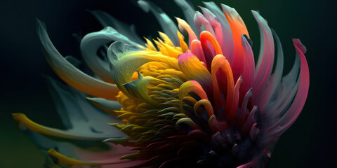 A beautiful drawn bright color flower coming out of the dark.flower on a dark background. Design for walls, photo wallpapers, wallpapers, photo wallpapers, postcards, postcards. Generative AI