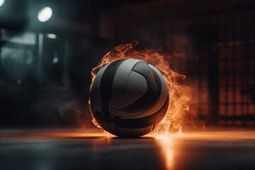 A smoky volleyball ball in focus with blurry background lights. Generative AI