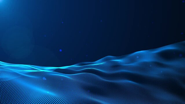 futuristic waving particle water surface background with floating particles on blue background