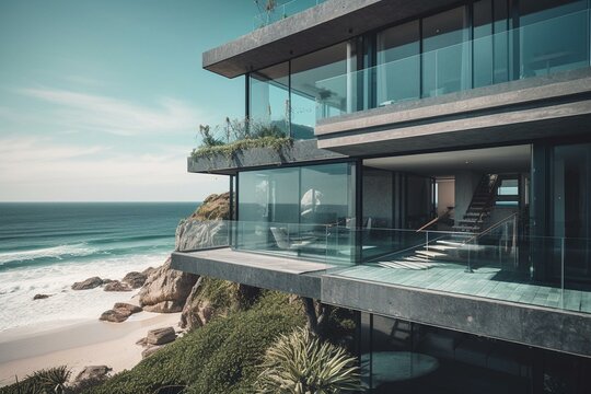 Luxury seaside home with modern design. Generative AI
