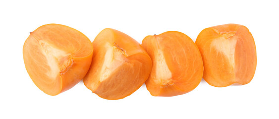 Cut delicious ripe juicy persimmons on white background, top view
