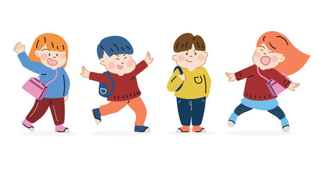 Happy cute kid with backpacks go to school. Cartoon hand drawn character vector isolated on white background.