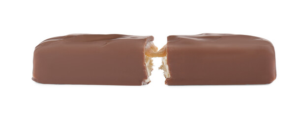 Pieces of chocolate bar with caramel on white background