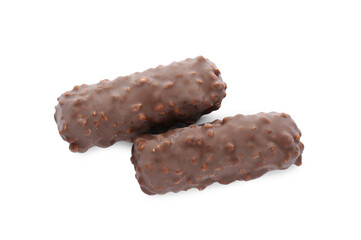 Tasty chocolate bars isolated on white, top view