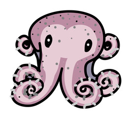 Doodle Cartoon of Octopus or Squid with Big Eyes and Swirling Tentacles in Circle Frame.
