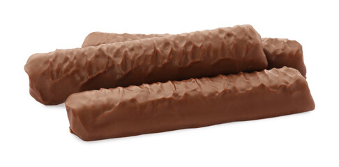 Sweet tasty chocolate bars on white background