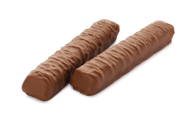 Sweet tasty chocolate bars on white background