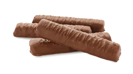 Sweet tasty chocolate bars on white background