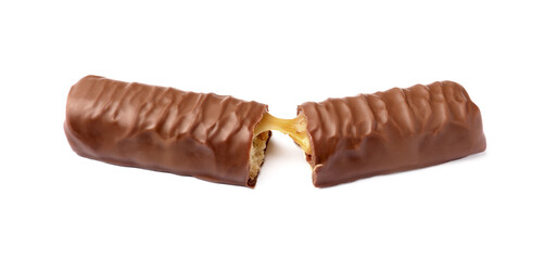 Pieces of chocolate bar with caramel on white background