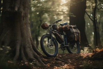 Fototapeta na wymiar A bike with a pack leaning on a tree in the woods. Generative AI