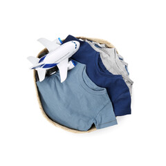 Laundry basket with baby clothes and toy isolated on white, top view